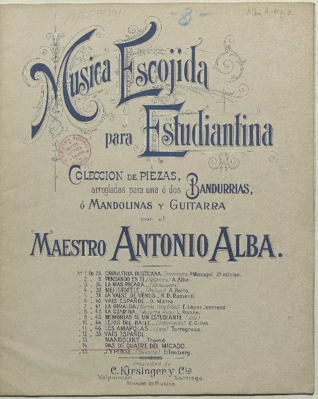 Pas de quatre intercalé dans l'operette le Mikado [música] : A. Sullivan ; Meyer-Lutz ; arreglada para estudiantina por Antonio Alba.