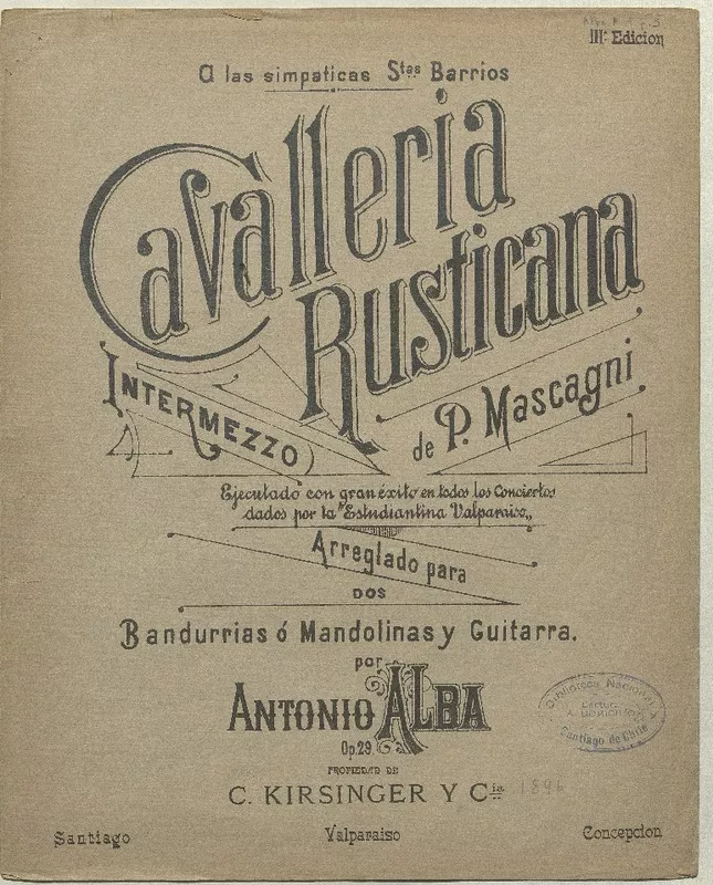 Cavalleria rusticana intermezzo [para] bandurrias o mandolinas y guitarra [música] : P. Mascagni ; arreglo de Antonio Alba.