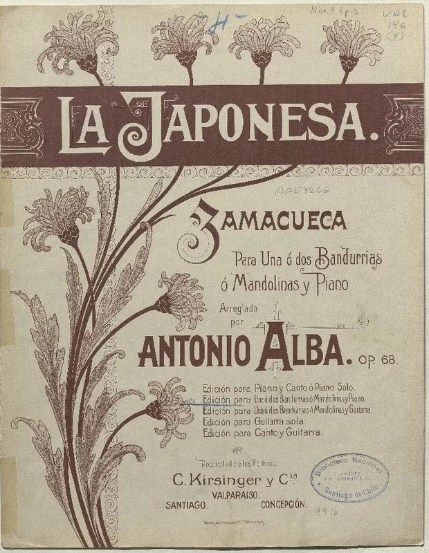 La Japonesa zamacueca [para] una o dos bandurrias o mandolinas y piano [música] : arreglada por Antonio Alba.