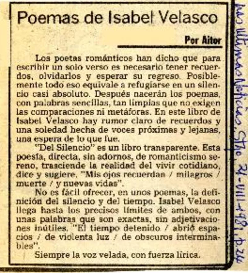Poemas de Isabel Velasco  [artículo] Aitor.