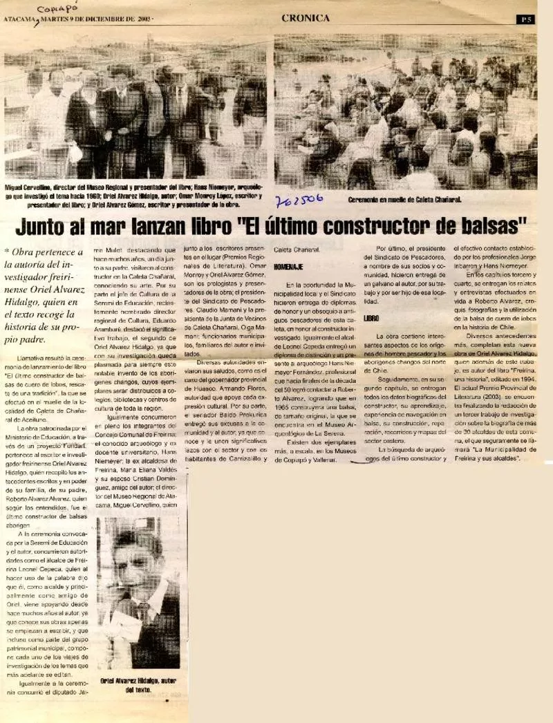 Junto al mar lanzan libro "El último constructor de balsas".  [artículo]