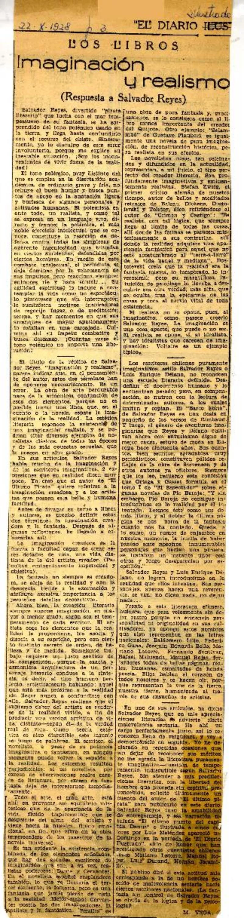 Imaginación y realismo (respuesta a Salvador Reyes)  [artículo] M. Vega.