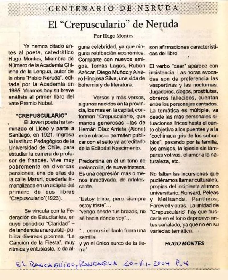 El Crepusculario  [artículo] Hugo Montes.