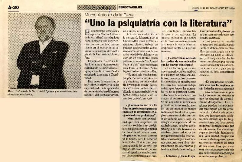 "Uno la psiquiatría con la literatura" (entrevista)  [artículo].