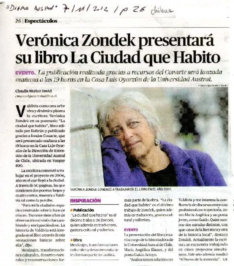 Verónica Zondek presentará su libro la ciudad que habito  [artículo] Claudia Muñoz David.