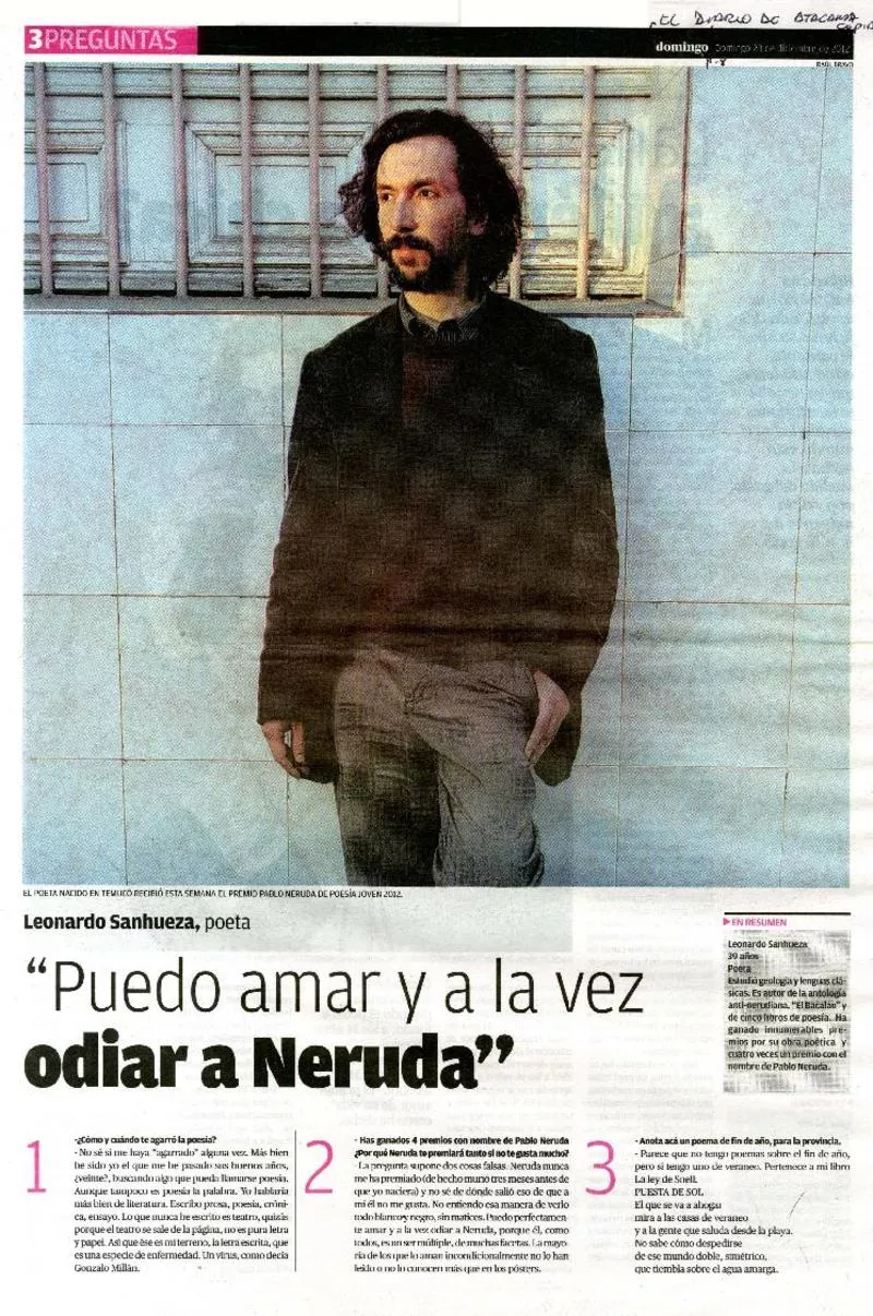 "Puedo amar y a la vez odiar a Neruda" (entrevista)  [artículo]