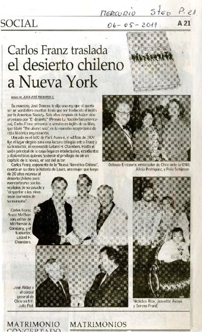 Carlos Franz traslada el desierto chileno a Nueva York  [artículo] Juan José Richards E.