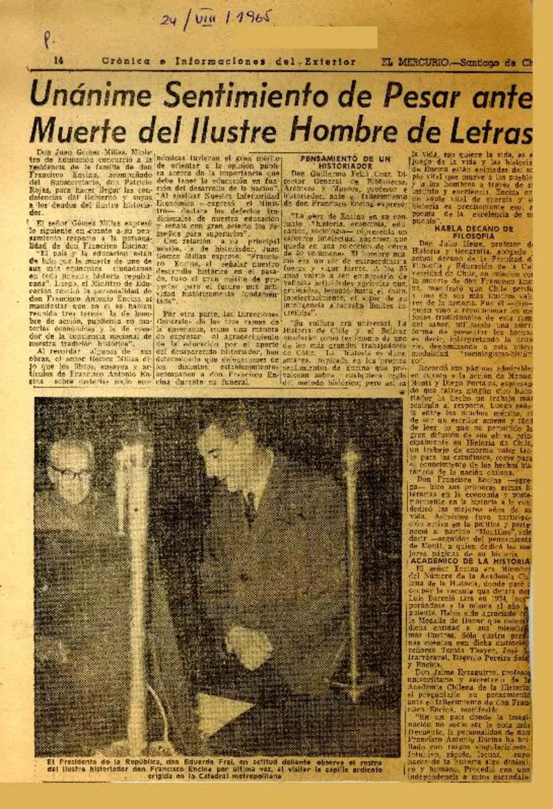 Unánime sentimiento de pesar ante muerte del ilustre hombre de letras.  [artículo]