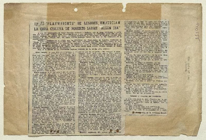 En el "Playwrights" de Londres enjuician la obra chilena de Roberto Sarah "Algún día"  [artículo] H. Ehrmann-Ewart.