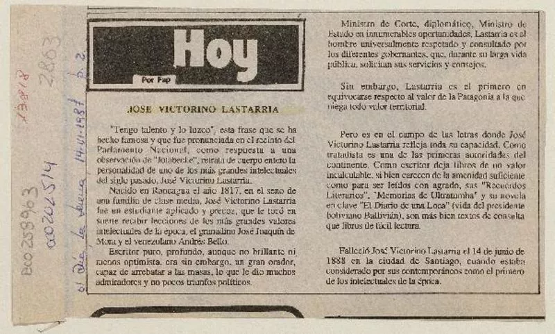 José Victorino Lastarria  [artículo] Fap.