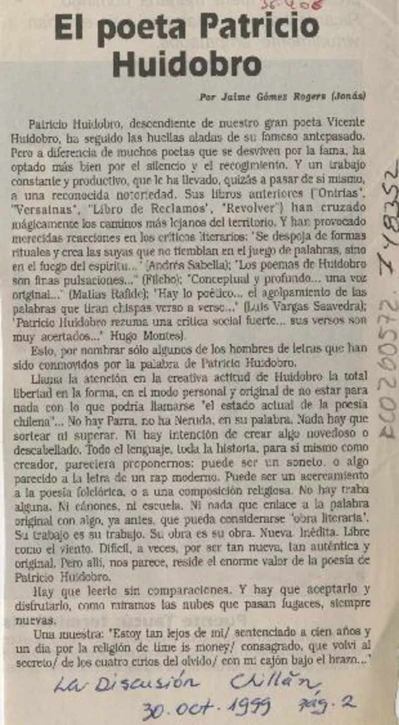 El poeta Patricio Huidobro  [artículo] Jonás.