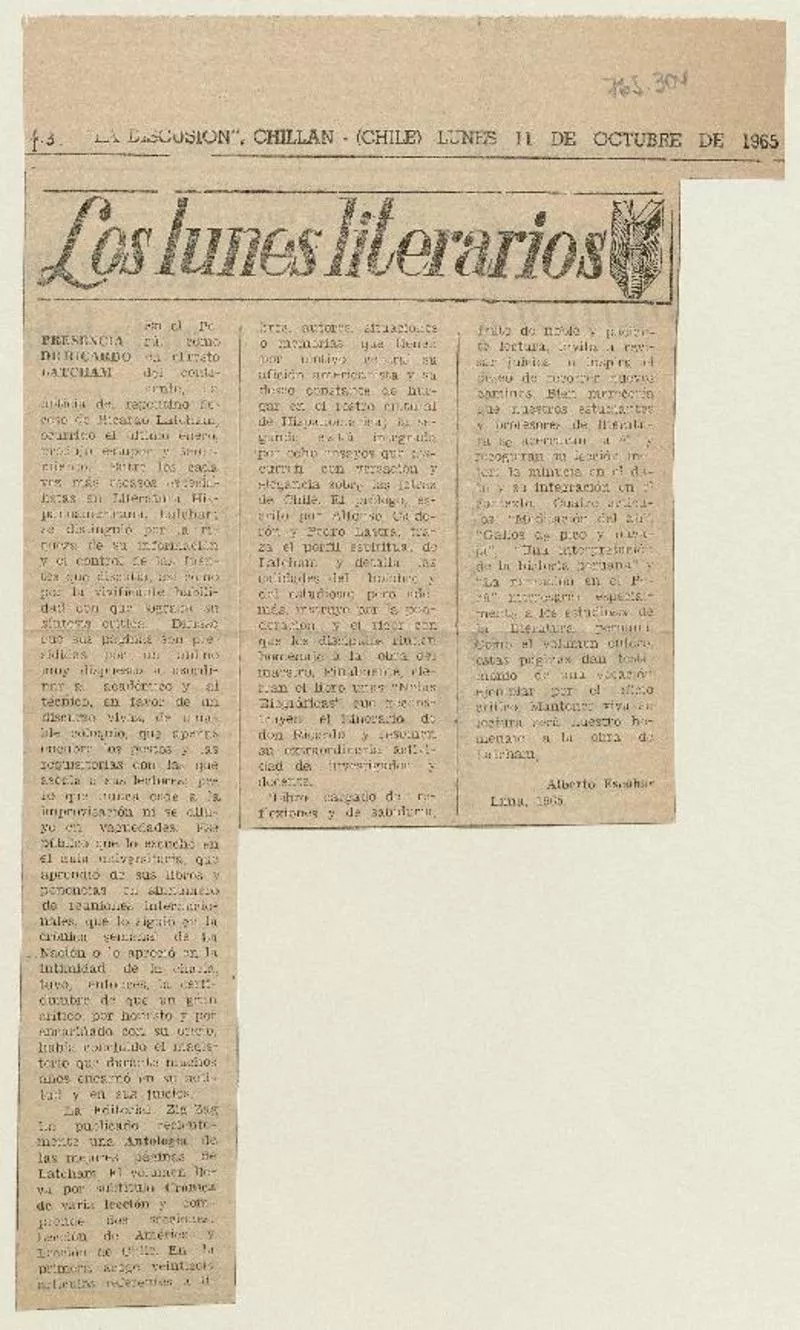 Presencia de Ricardo Latcham  [artículo] Alberto Escobar.