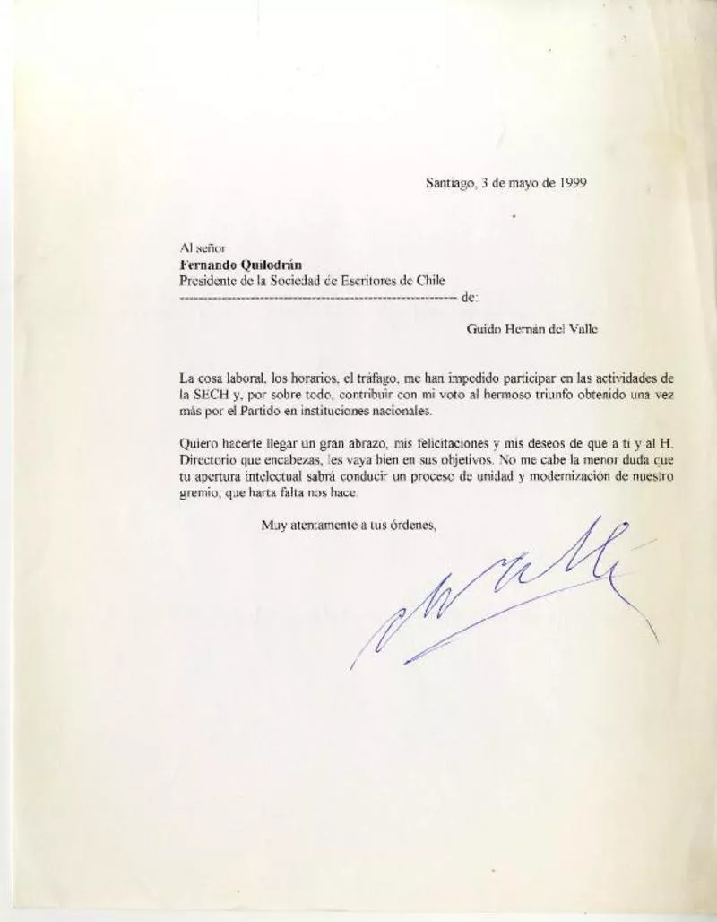 Santiago, Chile [a] Fernando Quilodrán [manuscrito] Guido Hernán del Valle.