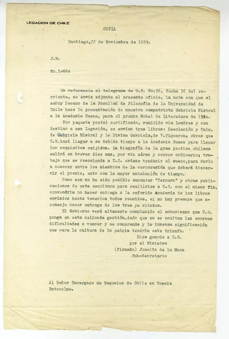 Santiago, Chile [a] Carlos Errázuriz Encargado de Negocios de Chile, Estocolmo, Suecia [manuscrito] Joselín de la Maza.