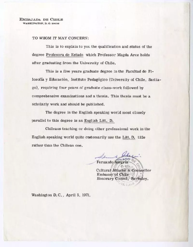 Santiago, Chile [a] Magda Arce. [manuscrito] Fernando Alegria.