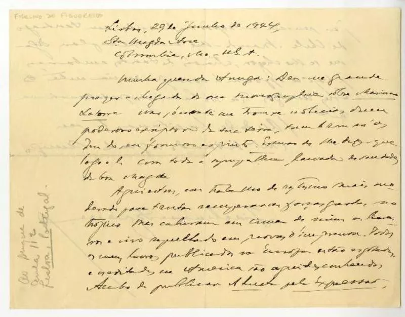 Lisboa, Portugal [a] Magda Arce, Columbia [manuscrito] Fidelino de Figueiredo.