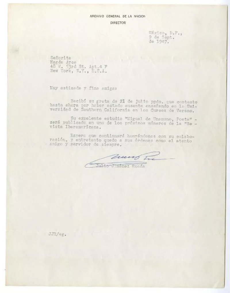 México, D.F. [a] Magda Arce, New York [manuscrito] Julio Jiménez Rueda.