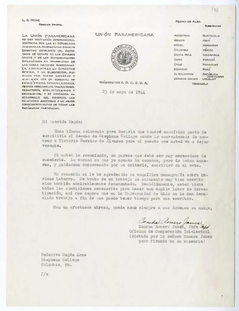 Washington, D.C. [a] Magda Arce, Stephens College, Columbia [manuscrito] Concha Romero, James.