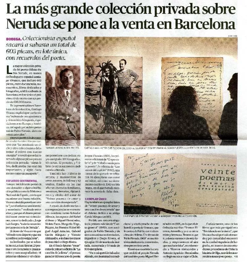 La más grande colección privada sobre Neruda se pone a la venta en Barcelona  [artículo]