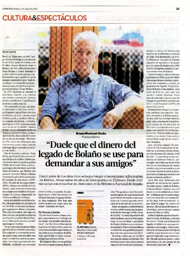 Duele que el dinero del legado de Bolaño se use para demandar a sus amigos  [artículo] Javier García.