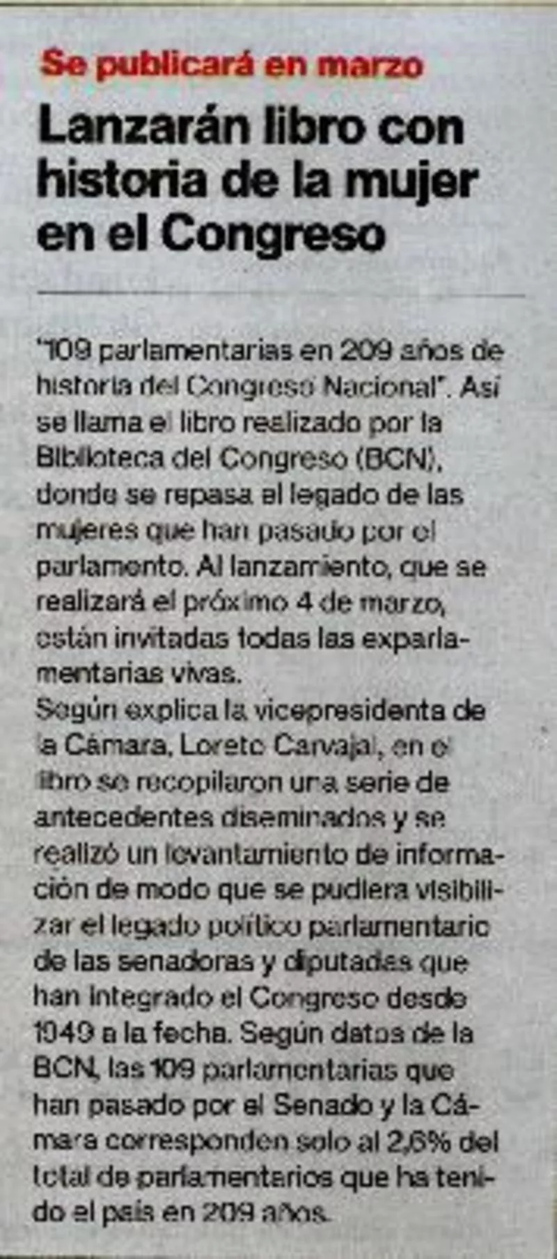 Lanzarán libro con historia de la mujer en el Congreso.  [artículo]