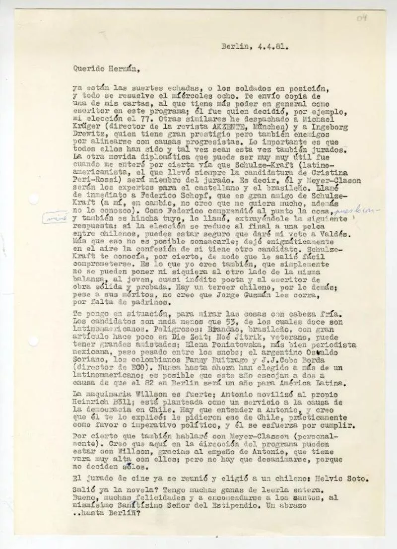 Berlin, Alemania [a] Hernán Valdés, Barcelona, España [manuscrito] Antonio Avaria.