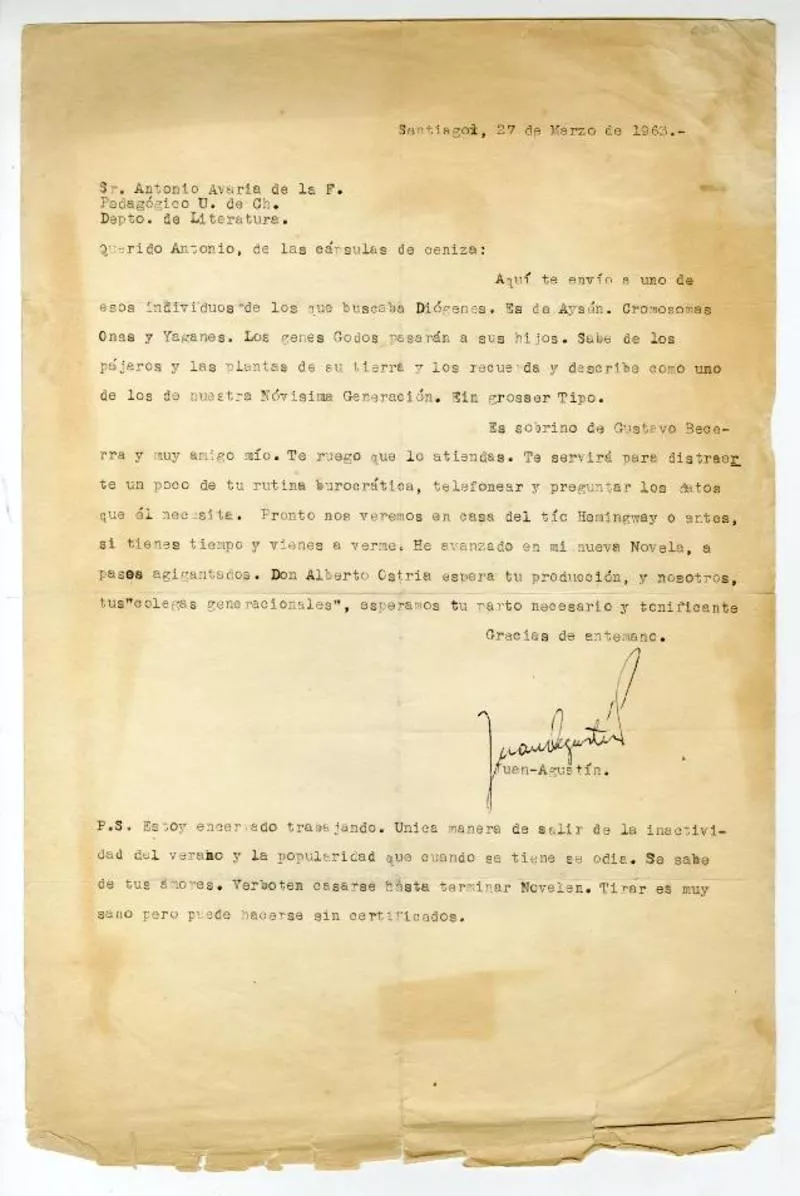 Santiago, Chile [a] Antonio Avaría [manuscrito] Juan-Agustín Palazuelos.