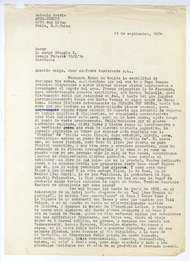 Pekin, China [a] Jorge Edwards, Barcelona, España [manuscrito] Antonio Avaria.