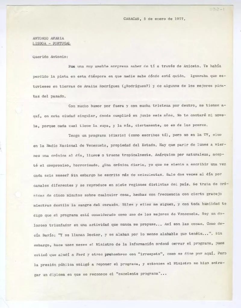Caracas, Venezuela [a] Antonio Avaría, Lisboa, Portugal [manuscrito] Mahfud Massis.