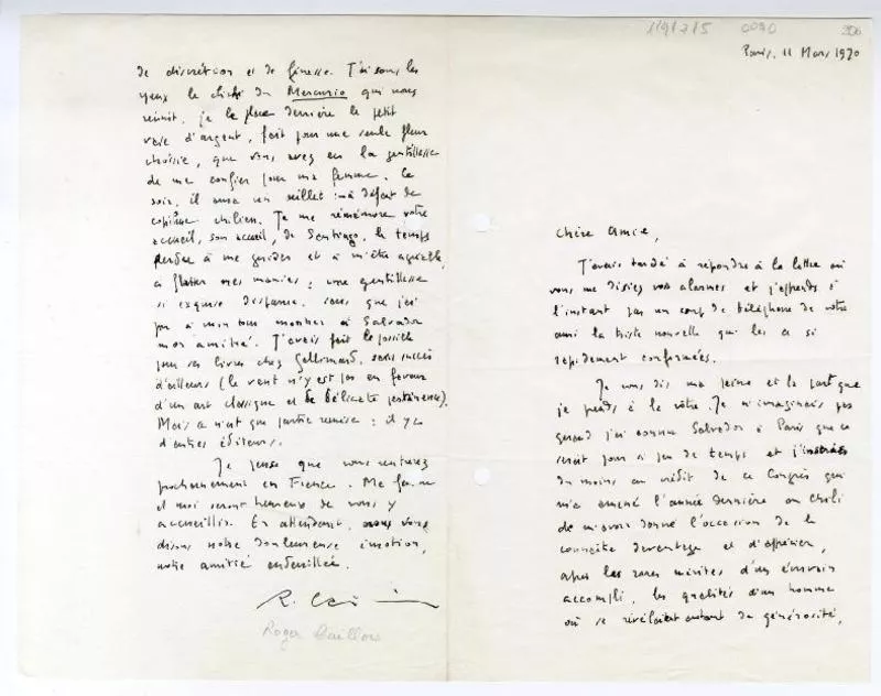 Paris, Francia [a] Suzanne Bertrand [manuscrito] Roger Caillois.