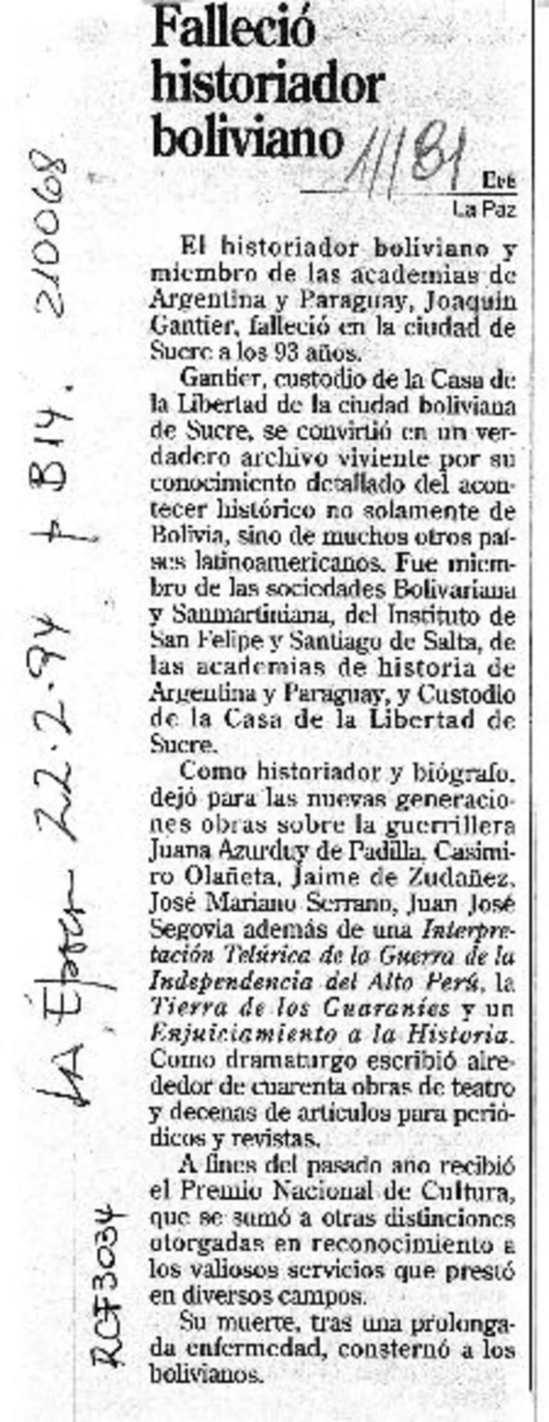 Falleció historiador boliviano  [artículo] EFE.