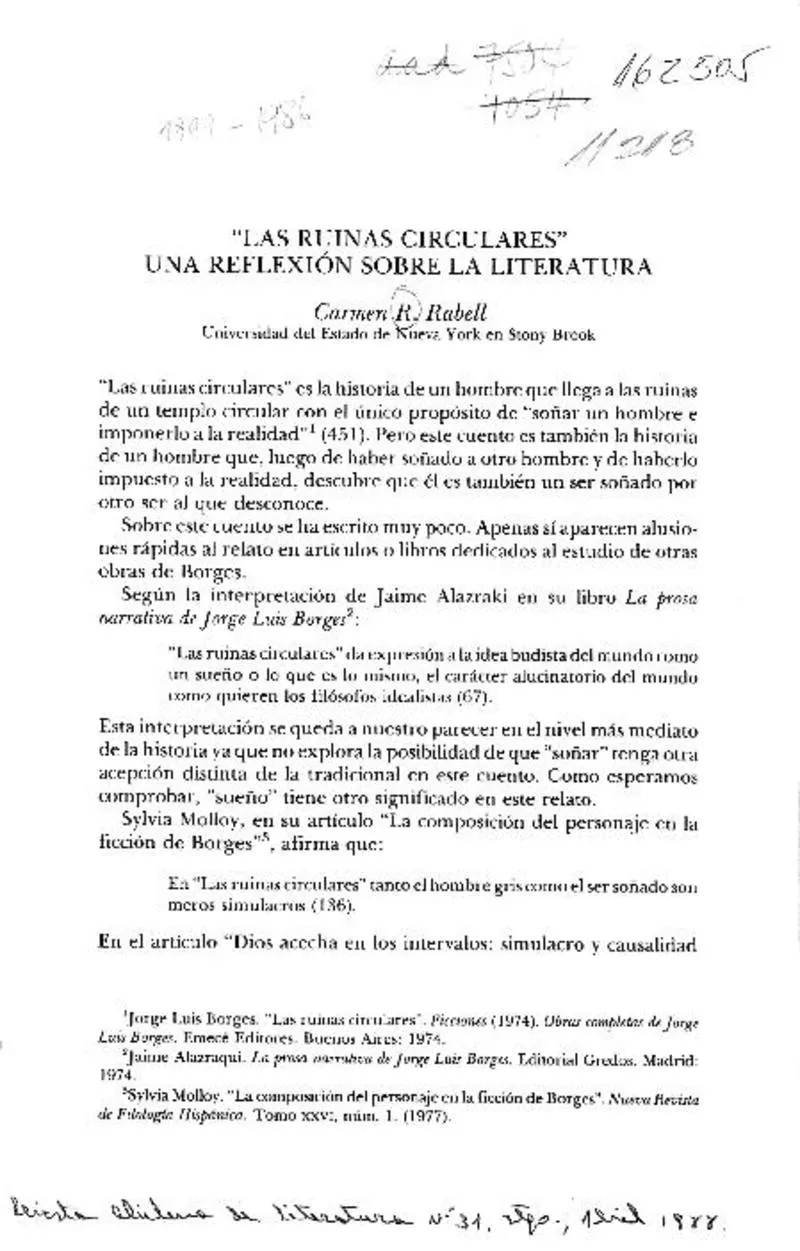 "Las ruinas circulares" una reflexión sobre la literatura  [artículo] Carmen R. Rabell.