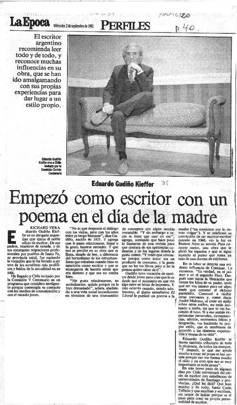 Empezó como escritor con un poema en el día de la madre  [artículo] Richard Vera.