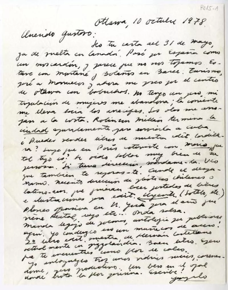 Ottawa, Canadá [a] Gustavo Mujica [manuscrito] Gonzalo Millán.