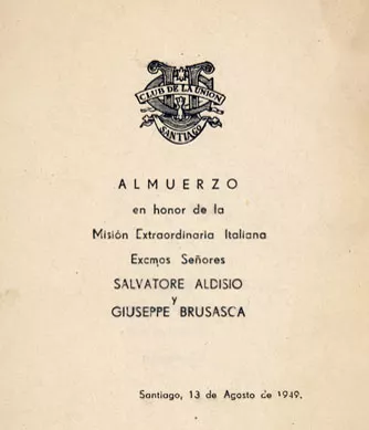 Menú en honor de la Misión Extraordinaria Italiana, Salvatore Aldisio y Giuseppe Brusasca