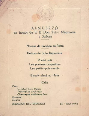 Menú en honor de Tulio Maquieira y Señora