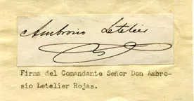 Tarjeta firmada por el Comandante Señor Ambrosio Letelier Rojas