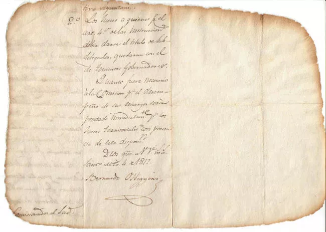 Documento manuscrito firmado por Bernardo O'Higgins