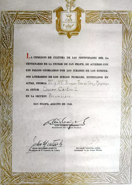 Diploma Otorga 1° y 3° Premio en Lírica