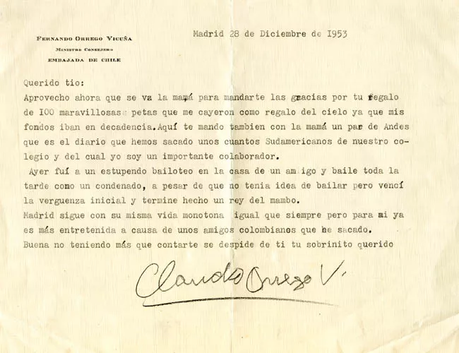 Nota de don Claudio Orrego Vicuña a su tío Fernando Orrego Vicuña