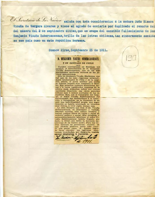 Saludo del secretario de la Naciòn a la señora Blanca Vicuña de Vergara Alvares
