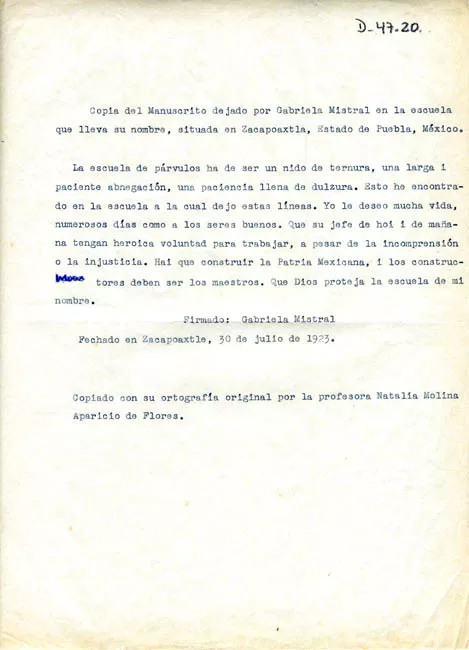 Copia del manuscrito de Gabriela Mistral a la escuela en Puebla, México 