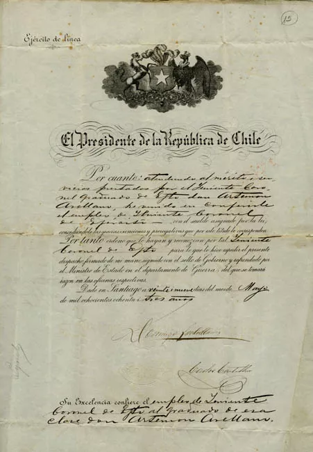 Diploma otorgado por el Presidente Domingo Santa María
