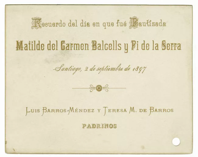 Recuerdo de bautismo de Matilde del Carmen Balcells y Pi de la Serra
