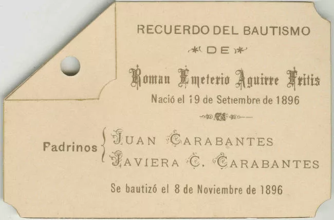 Tarjeta de bautismo de Román Emetrio Aguirre Fritis