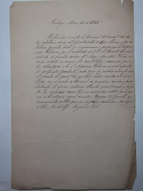 Carta recomendación de ocupar cargo de comandante de artillería
