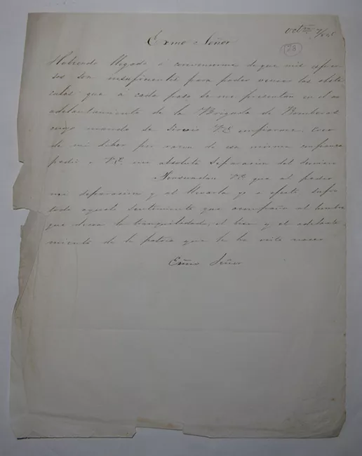 Carta de renuncia sin firma dirigida a Exmo Señor