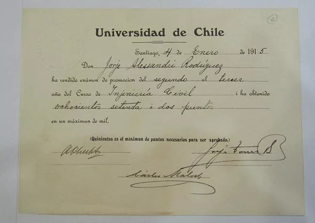 Certificado Universidad de Chile a don Jorge Alessandri Rodriguez
