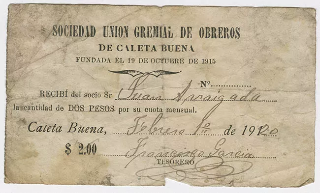 Recibo de la Sociedad Unión Gremial de Obreros