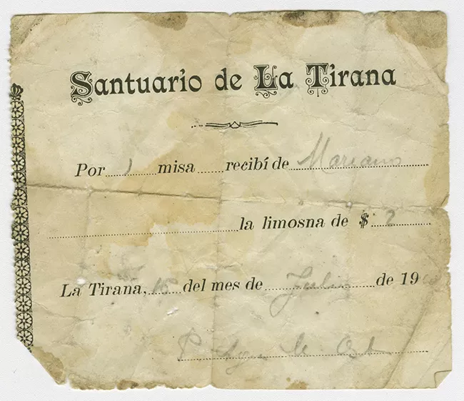 Recibo de limosna Santuario de La Tirana